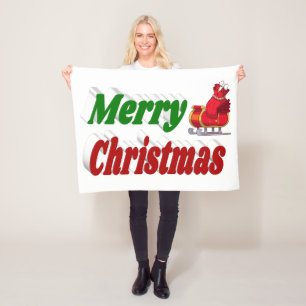 Merry Christmas Santa Sleigh red green typography Fleece Blanket