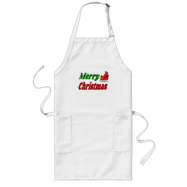 Merry Christmas Santa Sleigh red green typography Long Apron (Front)