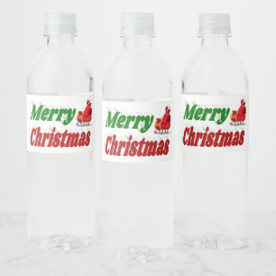 Merry Christmas Santa Sleigh red green typography Water Bottle Label