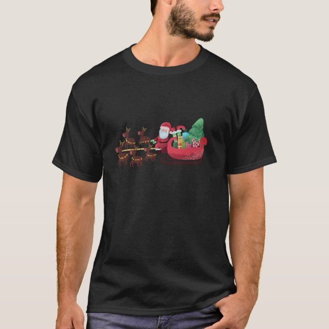 Merry Christmas Santa Sleigh Reindeer Funny Christ T-Shirt (Front)