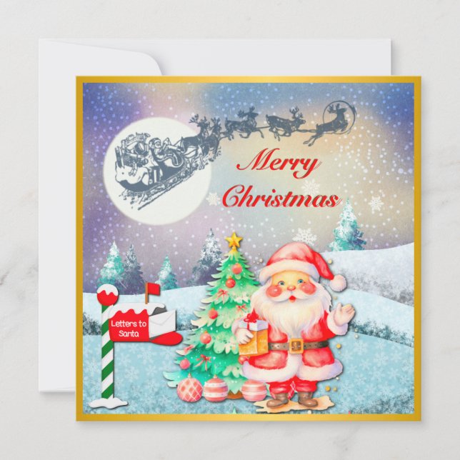 Merry Christmas Santa, Sleigh, Reindeer, Snowflake Card (Front)