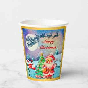 Merry Christmas Santa, Sleigh, Reindeer, Snowflake Paper Cups