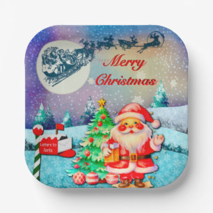 Merry Christmas Santa, Sleigh, Reindeer, Snowflake Paper Plate