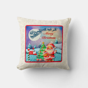 Merry Christmas Santa, Sleigh, Reindeer, Snowflake Throw Pillow