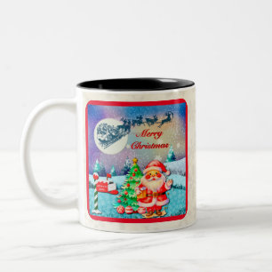Merry Christmas Santa, Sleigh, Reindeer, Snowflake Two-Tone Coffee Mug