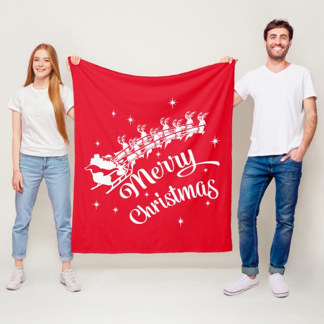 Merry Christmas Santa & Sleigh Scene Fleece Blanket (In Situ)