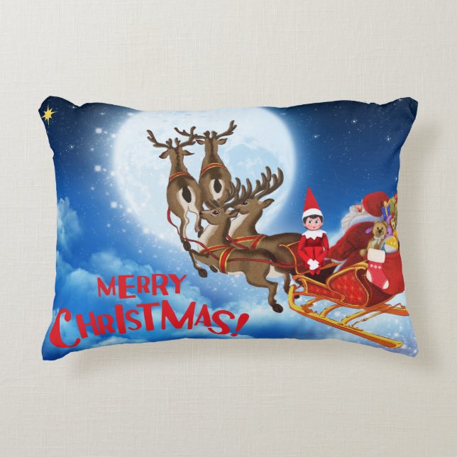 Merry Christmas Santa Sleigh with Elf and Gifts  Accent Pillow (Front)