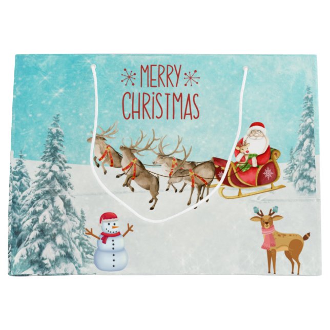Merry Christmas Santa, Snowman, Reindeer, Forest  Large Gift Bag (Front)