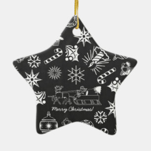 Merry Christmas Santa Symbols, Black and White Ceramic Ornament