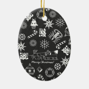 Merry Christmas Santa Symbols, Black and White Ceramic Ornament