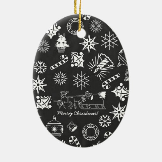 Merry Christmas Santa Symbols, Black and White Ceramic Ornament (Back)