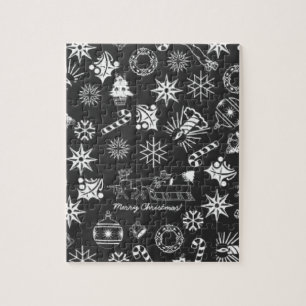 Merry Christmas Santa Symbols, Black and White Jigsaw Puzzle