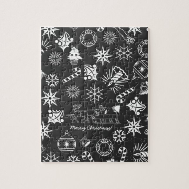 Merry Christmas Santa Symbols, Black and White Jigsaw Puzzle (Vertical)