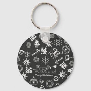 Merry Christmas Santa Symbols, Black and White Keychain
