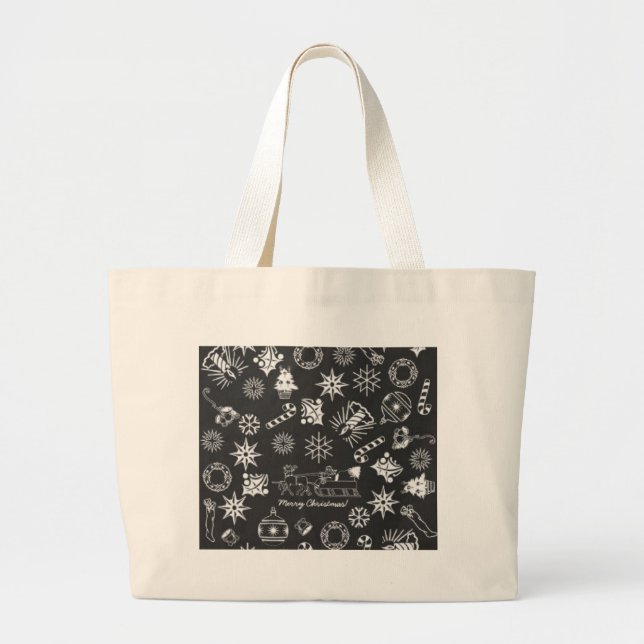 Merry Christmas Santa Symbols, Black and White Large Tote Bag (Front)