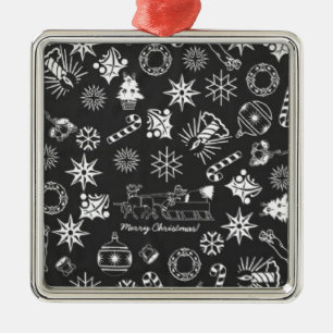 Merry Christmas Santa Symbols, Black and White Metal Ornament