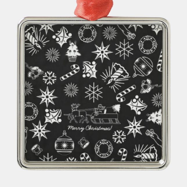 Merry Christmas Santa Symbols, Black and White Metal Ornament (Front)