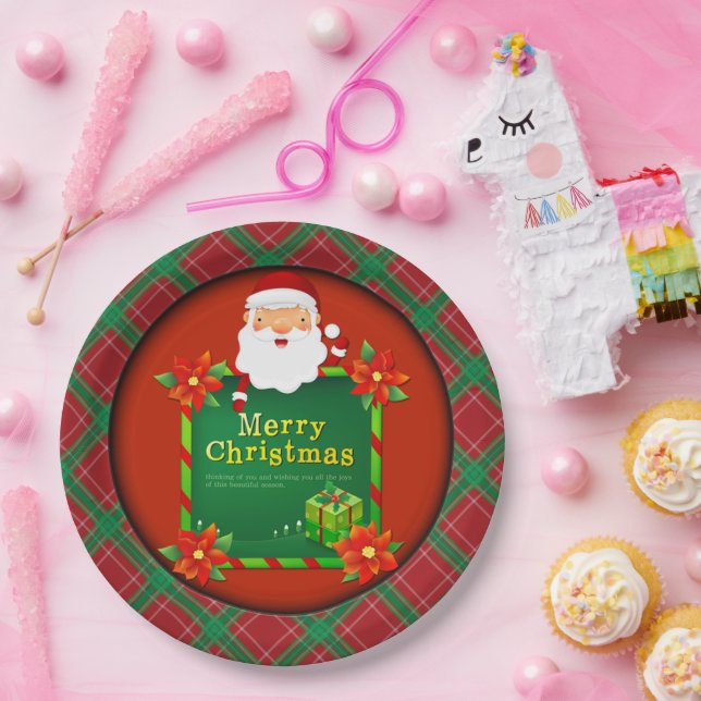 Merry Christmas Santa Tartan Plaid Paper Plate (Party)