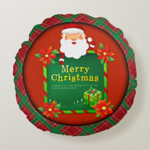 Merry Christmas Santa Tartan Plaid Round Pillow