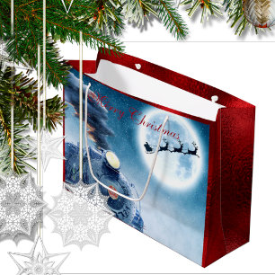 Merry Christmas Santa Train Red Faux Foil Large Gift Bag
