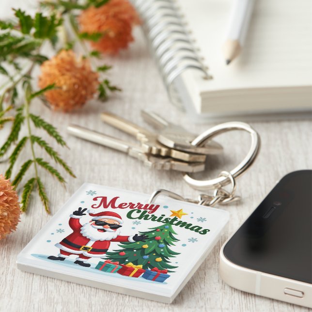 Merry Christmas  | Santa & Tree Design Keychain (Front Right)