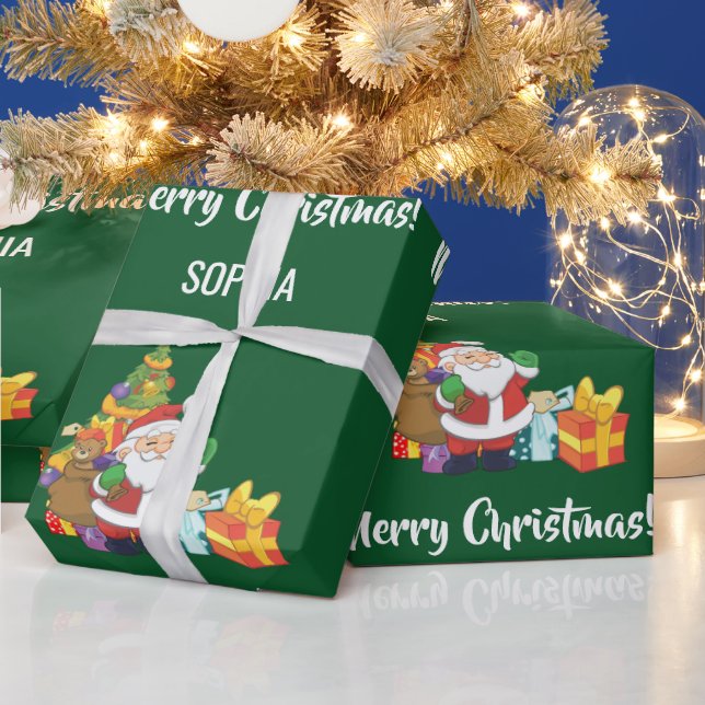 Merry Christmas Santa Tree Gifts Personalize Name Wrapping Paper (Holidays)