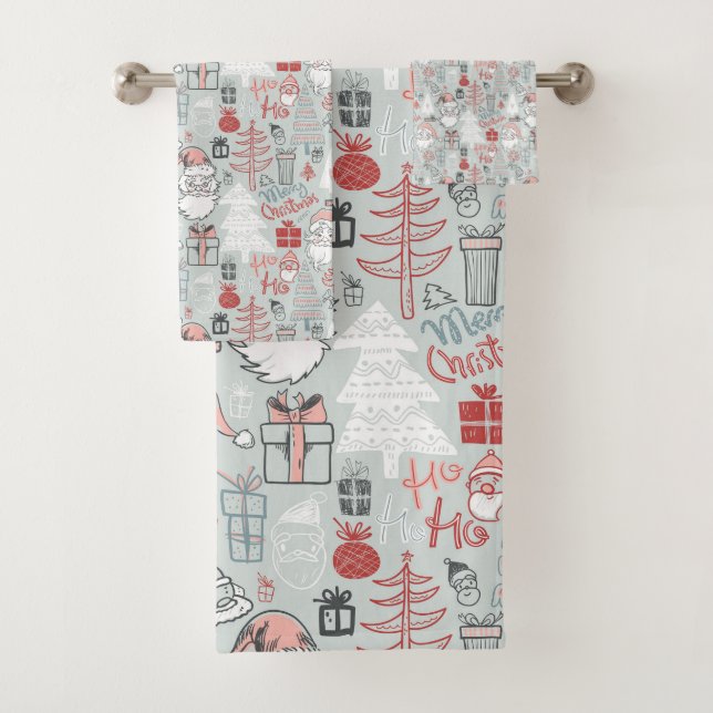 Merry Christmas Santa Tree Hand-Drawn Pattern Sage Bath Towel Set (Insitu)