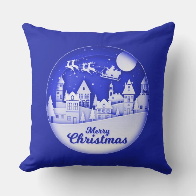Merry Christmas Santa Winter Village Throw Pillow (Front)