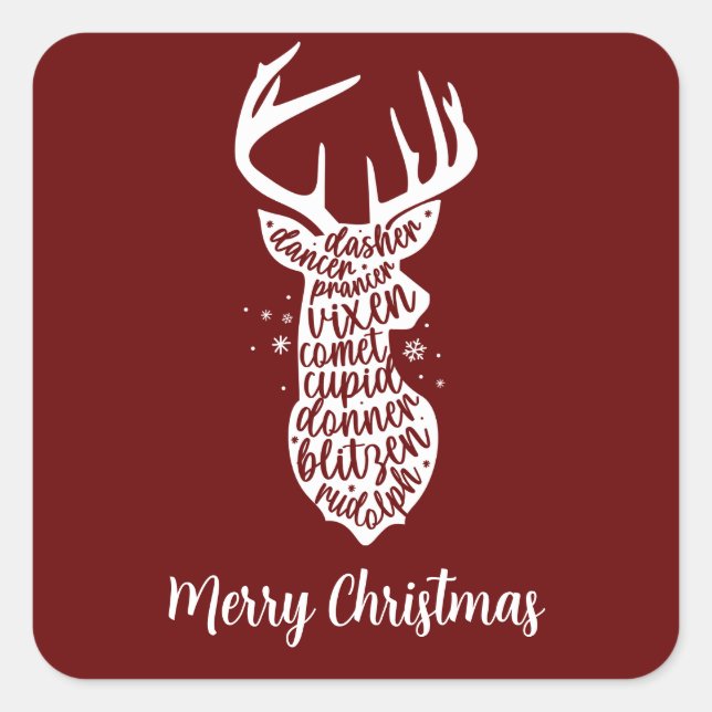 Merry Christmas Santa's Reindeers, Dark Red Square Sticker (Front)