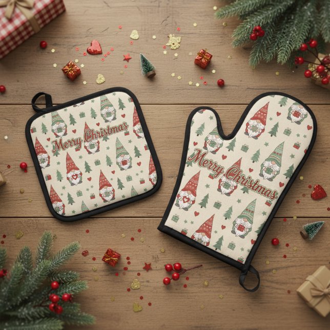 Merry Christmas Scandinavian Gnome  Oven Mitt & Pot Holder Set (Creator Uploaded)