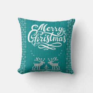 Merry Christmas Scandinavian Knitted Reindeer Teal Throw Pillow