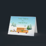 Merry Christmas, School Bus Driver Holiday Card<br><div class="desc">Wish a special school bus driver a Merry Christmas with this fun card featuring yellow school bus driven by Santa followed by his special reindeer and hard working elves with sled on snow scene background.</div>
