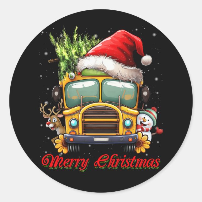 Merry Christmas School Bus Driver X-mas Snowman Re Classic Round Sticker (Front)