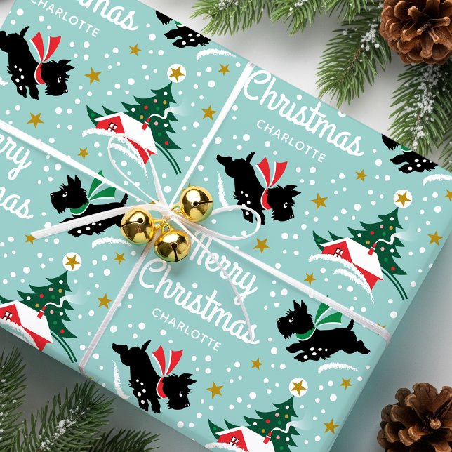 Merry Christmas Scottie Dog Snow Fun Name Mint Wrapping Paper (Creator Uploaded)