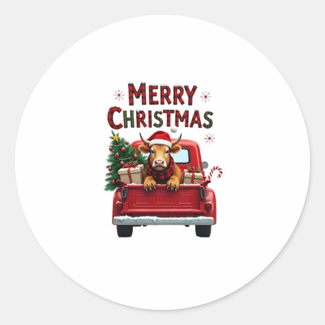 Merry Christmas Scottish Highland Cow Xmas Farm An Classic Round Sticker (Front)