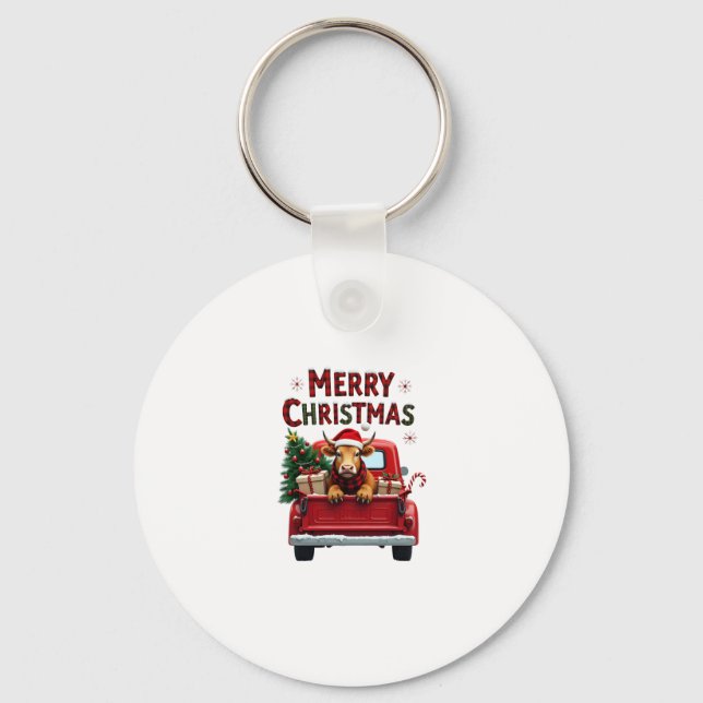 Merry Christmas Scottish Highland Cow Xmas Farm An Keychain (Front)