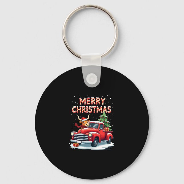 Merry Christmas Scottish Highland Cow Xmas Farm An Keychain (Front)