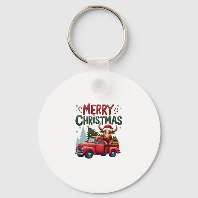Merry Christmas Scottish Highland Cow Xmas Farm An Keychain (Front)