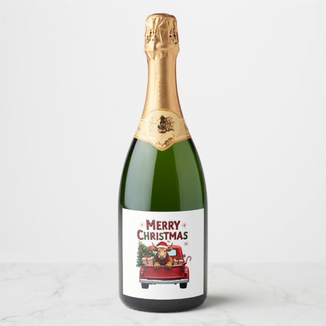 Merry Christmas Scottish Highland Cow Xmas Farm An Sparkling Wine Label (Front)