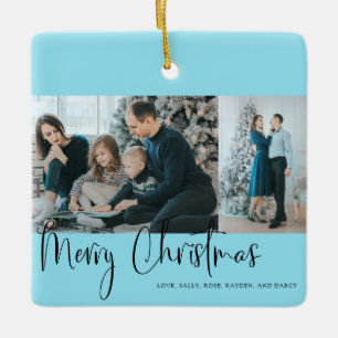 Merry Christmas Script 2 Photo Collage Blue Ceramic Ornament