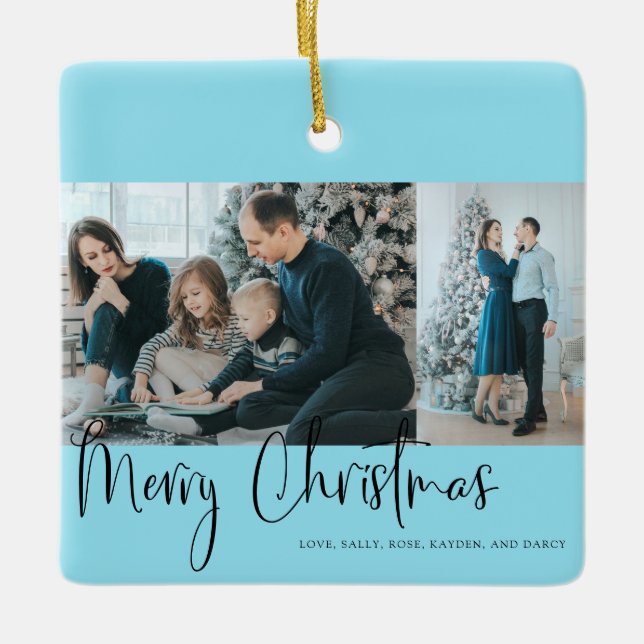 Merry Christmas Script 2 Photo Collage Blue Ceramic Ornament (Front)