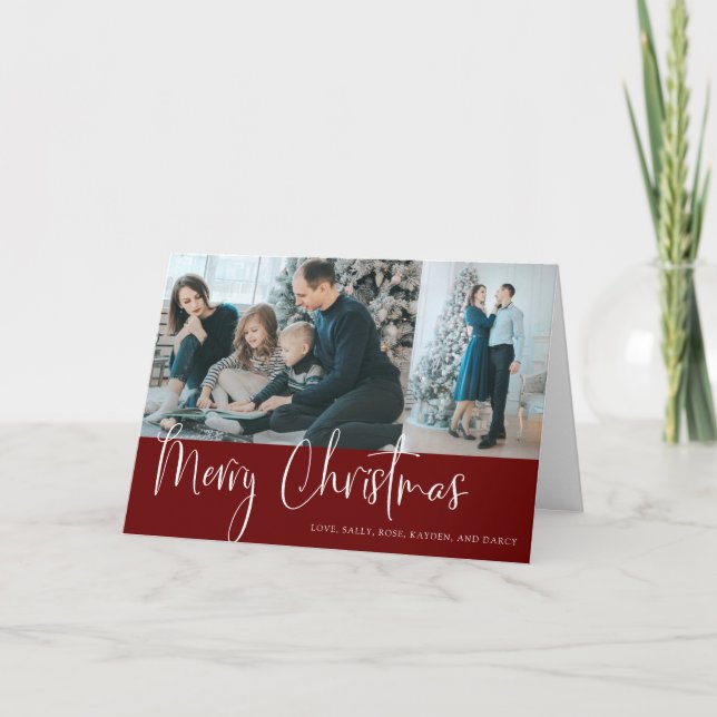 Merry Christmas Script 2 Photo Collage Holiday Red Card (Front)