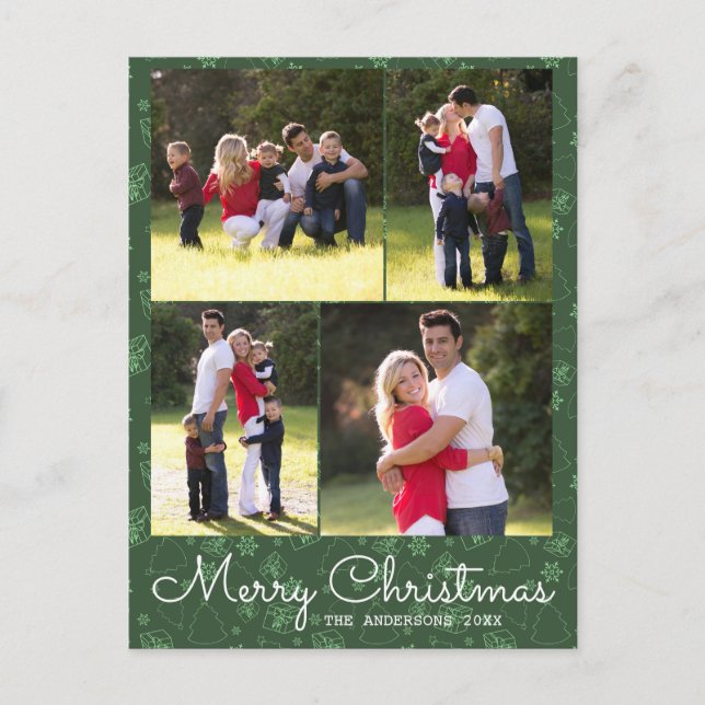 Merry Christmas Script 4 Photo Green Christmas Postcard (Front)