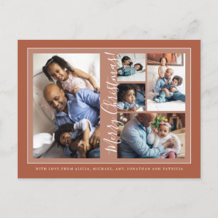 Merry Christmas script 5 photo collage terracotta Holiday Postcard