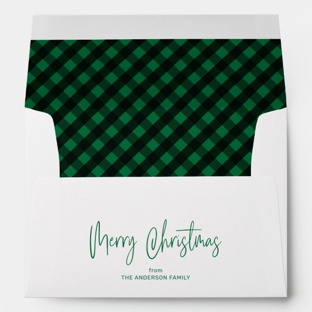 Merry Christmas Script 5x7 Green Buffalo Plaid Envelope (Back (Bottom))