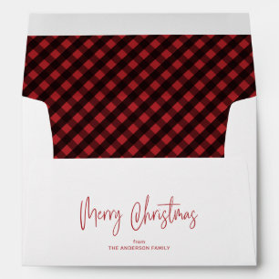Merry Christmas Script 5x7 Red Buffalo Plaid Envelope