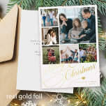 Merry Christmas script 6 photo collage family Foil Holiday Card<br><div class="desc">Elegant luxury Merry Christmas real gold foil classic calligraphy script six family photos simple white holiday card with your custom personalized text on both sides. PLEASE NOTE that the background colour is editable. You can change it after selecting CUSTOMIZE option down below the PERSONALIZE IT menu. If you don't feel...</div>