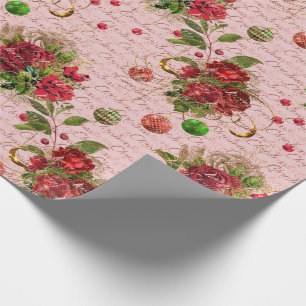 Merry Christmas Script Bauble Gold Pink Rose Red Wrapping Paper