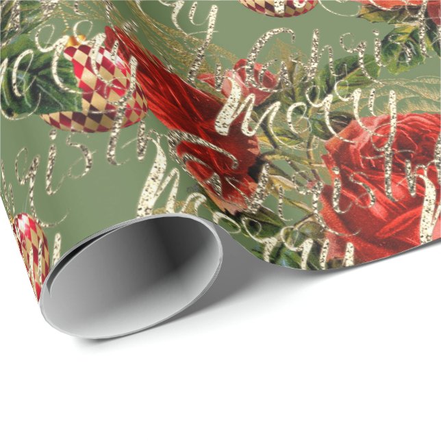 Merry Christmas Script  Bauble Gold Red Mint Wrapping Paper (Roll Corner)