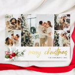 Merry Christmas Script Berry Leaves Photo Collage Foil Holiday Card<br><div class="desc">Embrace the festive spirit with our luxurious personalized Christmas card, designed to capture the warmth and joy of the season. The card takes centre stage with a delightful arrangement of five square-sized photos, each telling a unique story of your family's cherished moments. As your eyes drift below, a delicate watercolor...</div>